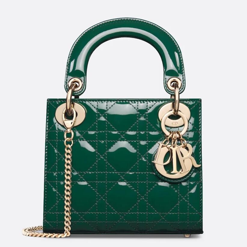 D*or lady D*or mini chain bag with chain in green patent calfskin