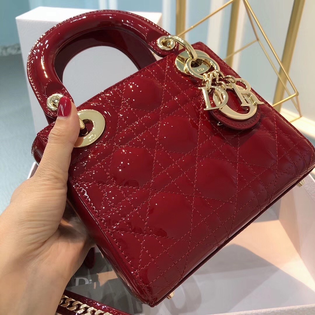 D*or mini lady D*or bag in red patent calfskin