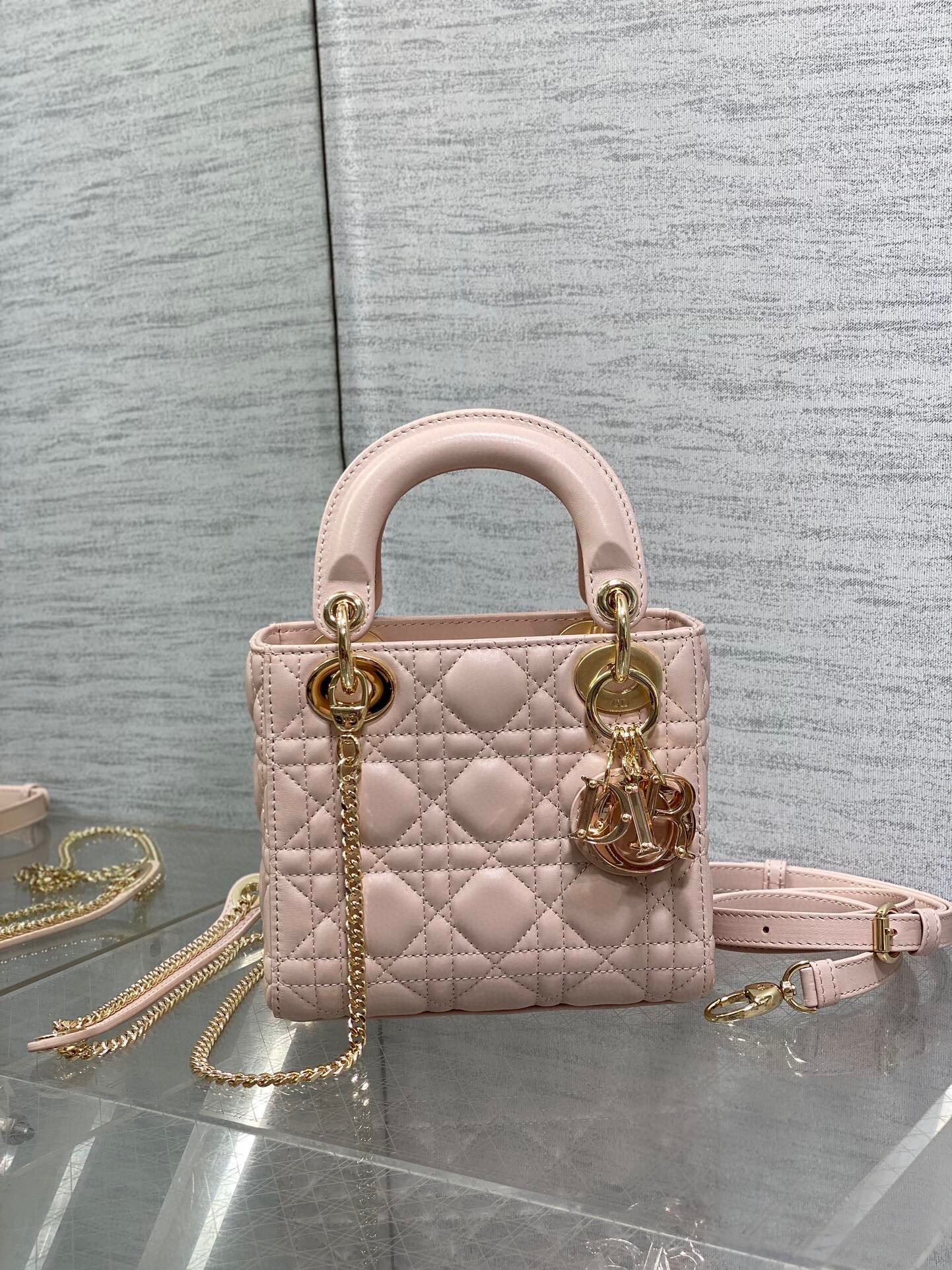 D*or lady D*or mini bag with chain in pink lambskin with resin charms