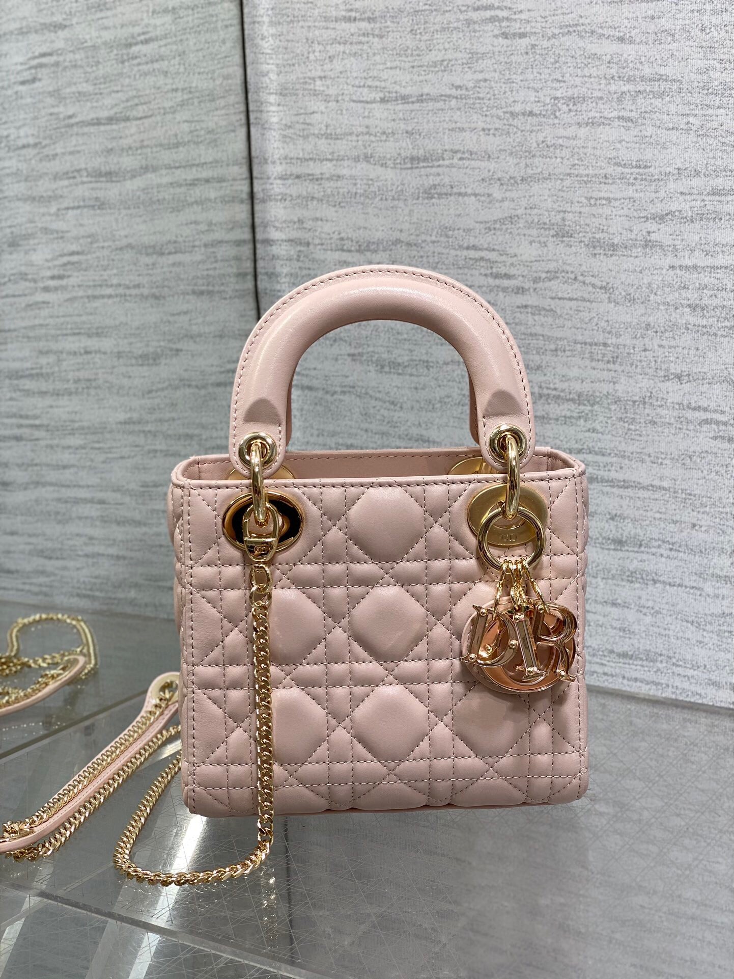 D*or lady D*or mini bag with chain in pink lambskin with resin charms
