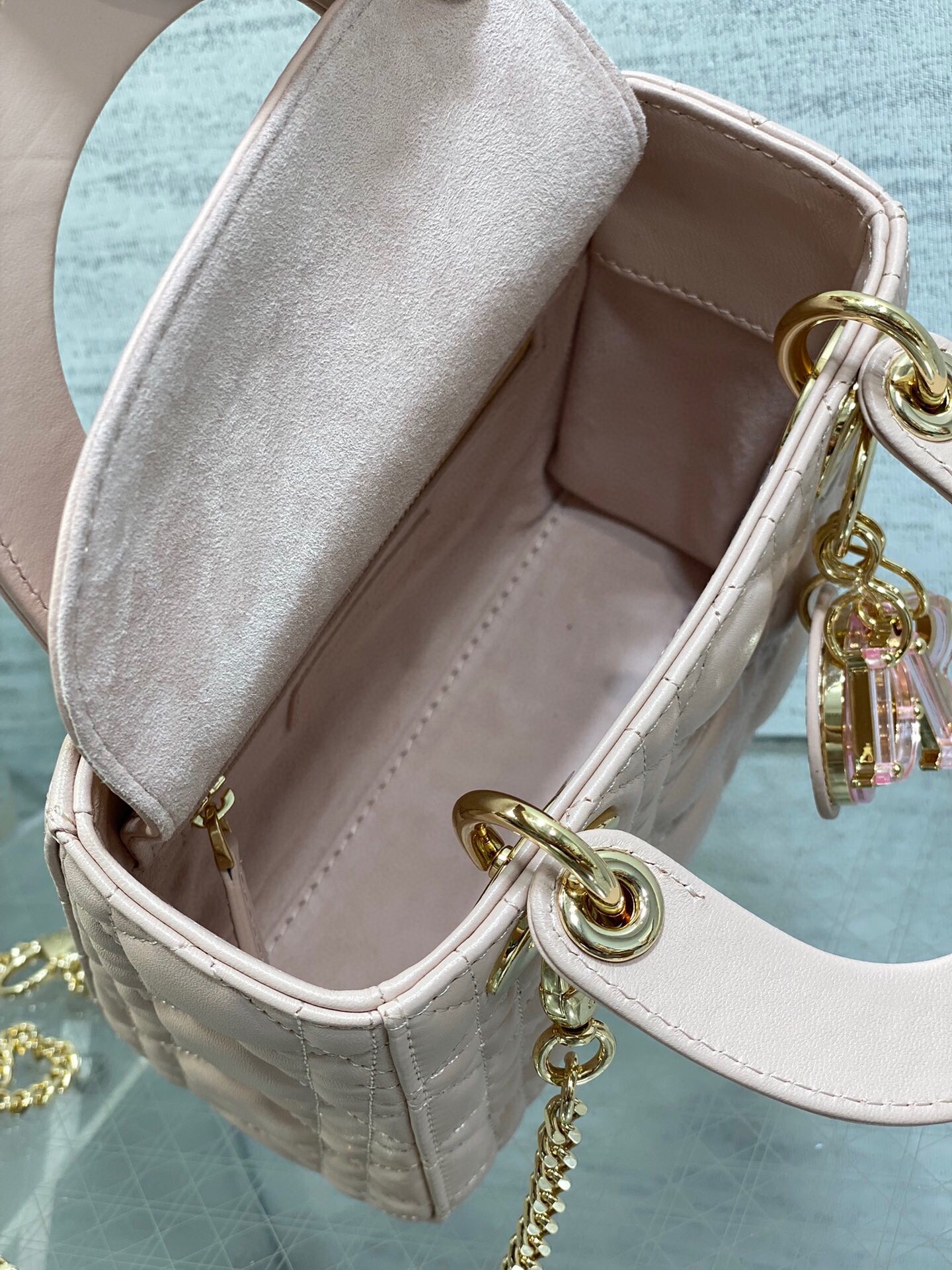 D*or lady D*or mini bag with chain in pink lambskin with resin charms