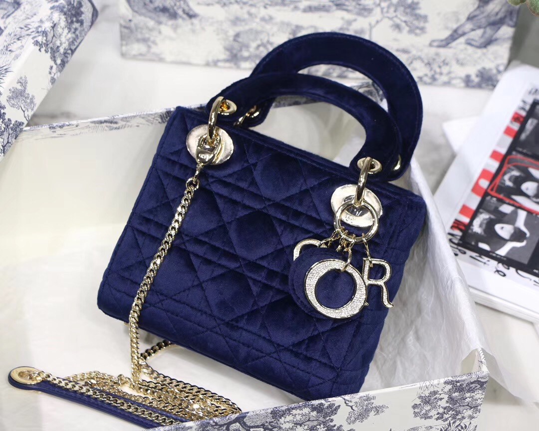 D*or mini lady D*or chain bag in blue velvet