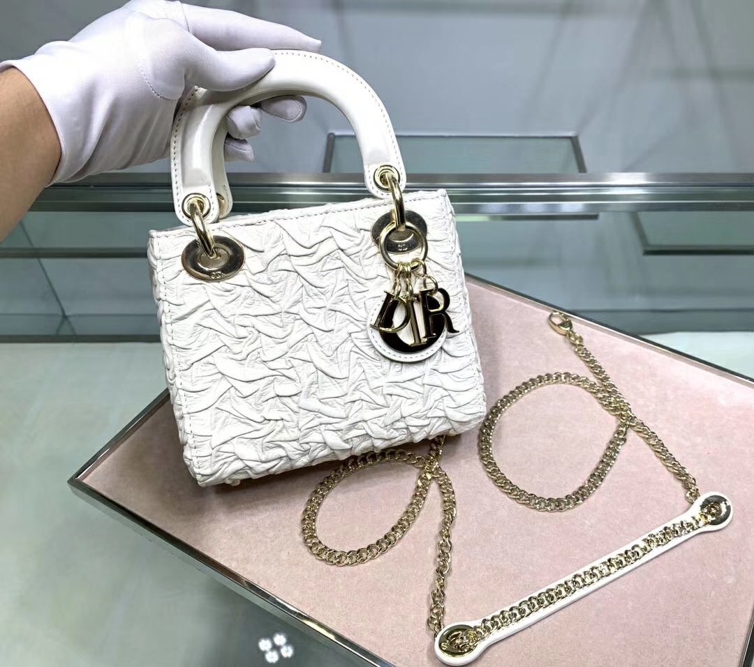 D*or mini lady D*or chain bag in white wavy crinkled lambskin