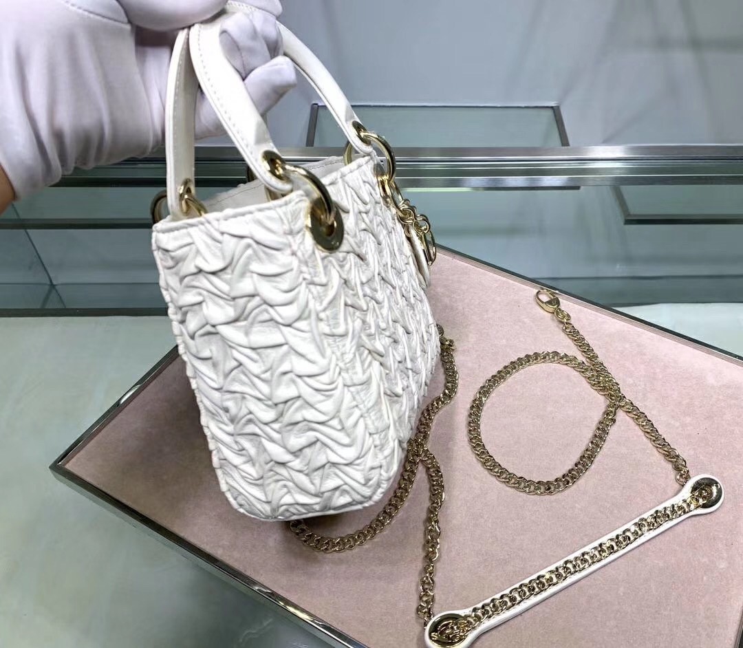 D*or mini lady D*or chain bag in white wavy crinkled lambskin