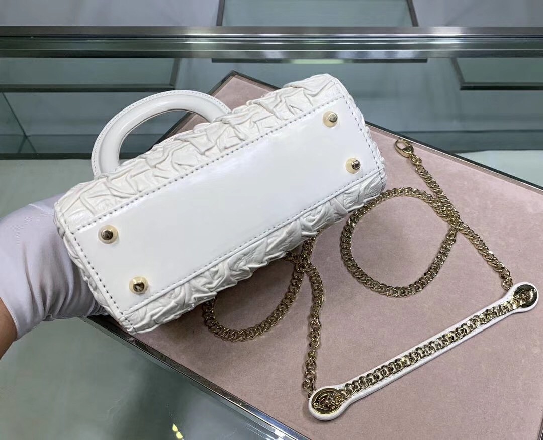 D*or mini lady D*or chain bag in white wavy crinkled lambskin