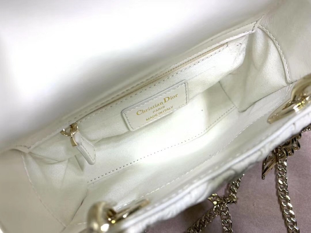 D*or mini lady D*or chain bag in white wavy crinkled lambskin