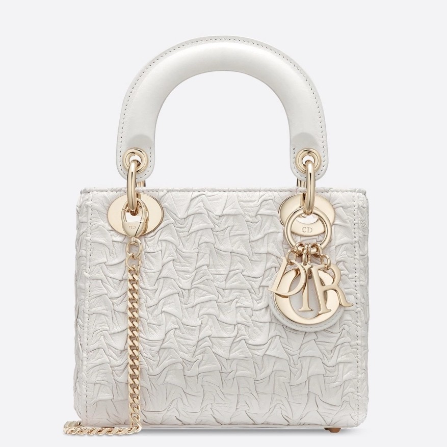 D*or mini lady D*or chain bag in white wavy crinkled lambskin