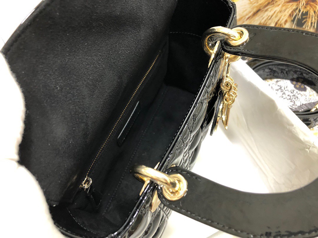 D*or small lady D*or bag in black patent cannage calfskin