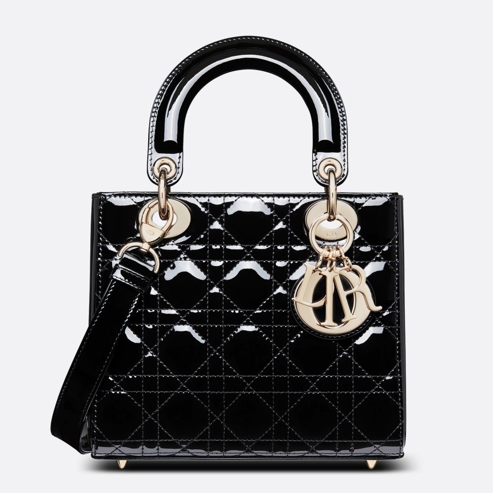 D*or small lady D*or bag in black patent cannage calfskin