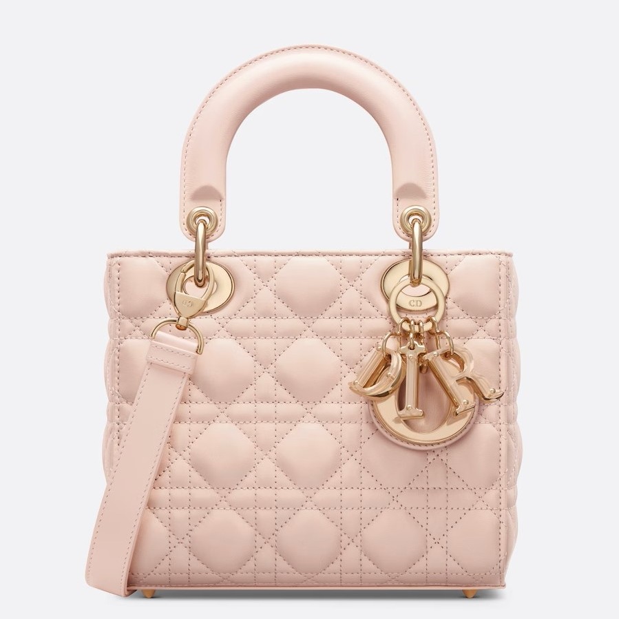 D*or small lady D*or bag in pink lambskin with resin charms