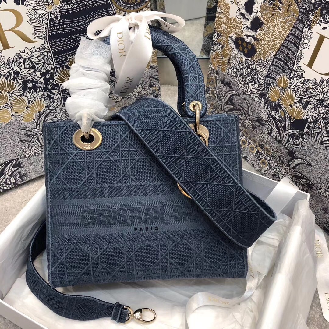 D*or medium lady d-lite bag in denim blue cannage canvas