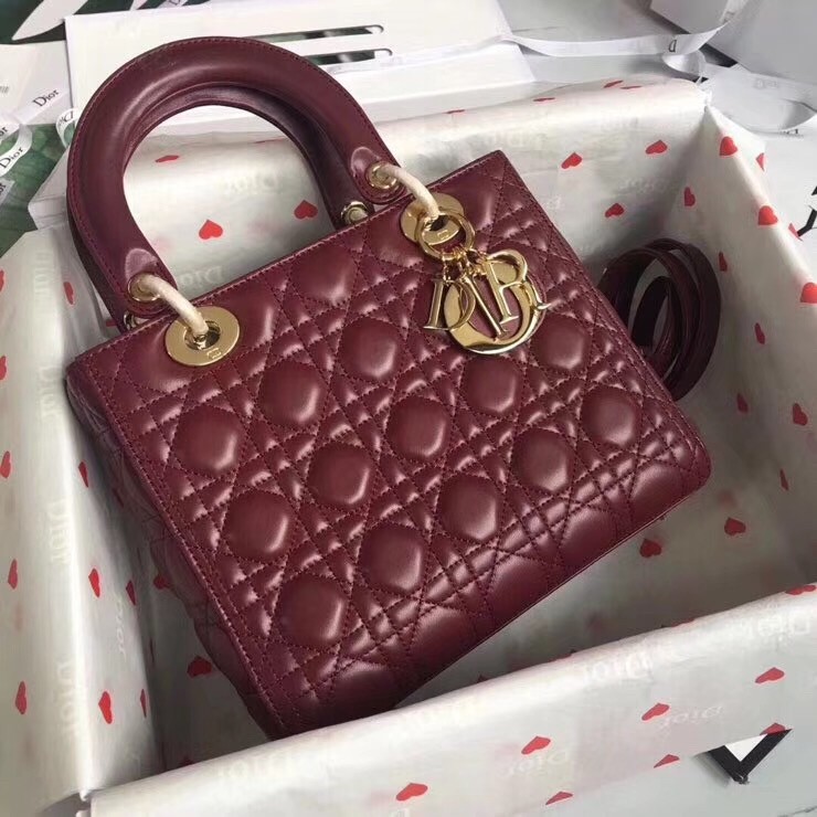 D*or medium lady D*or bag in bordeaux lambskin