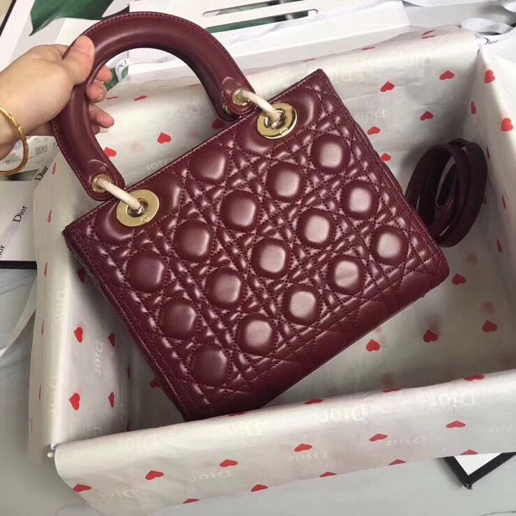 D*or medium lady D*or bag in bordeaux lambskin