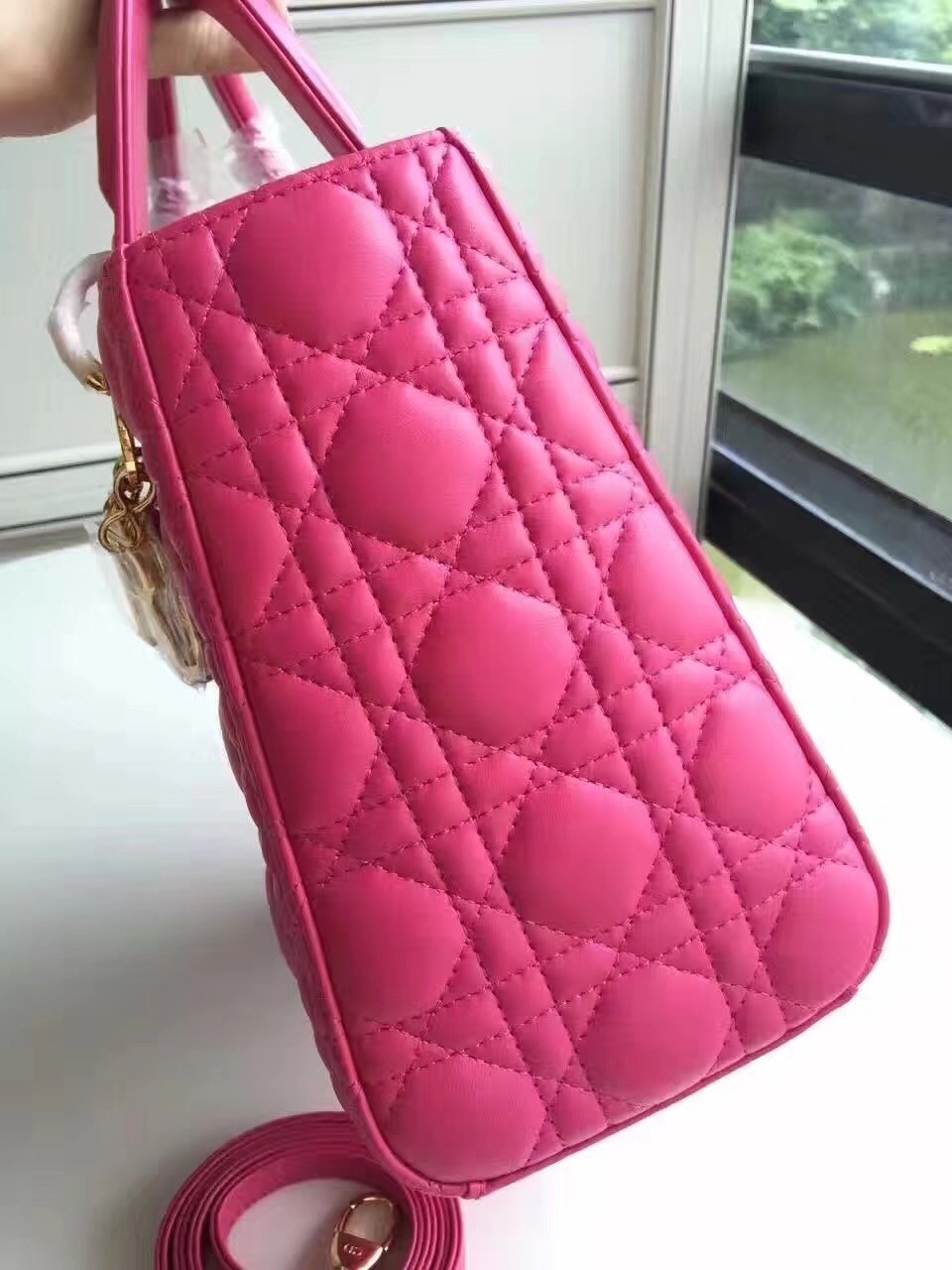 D*or medium lady D*or bag in rose red lambskin