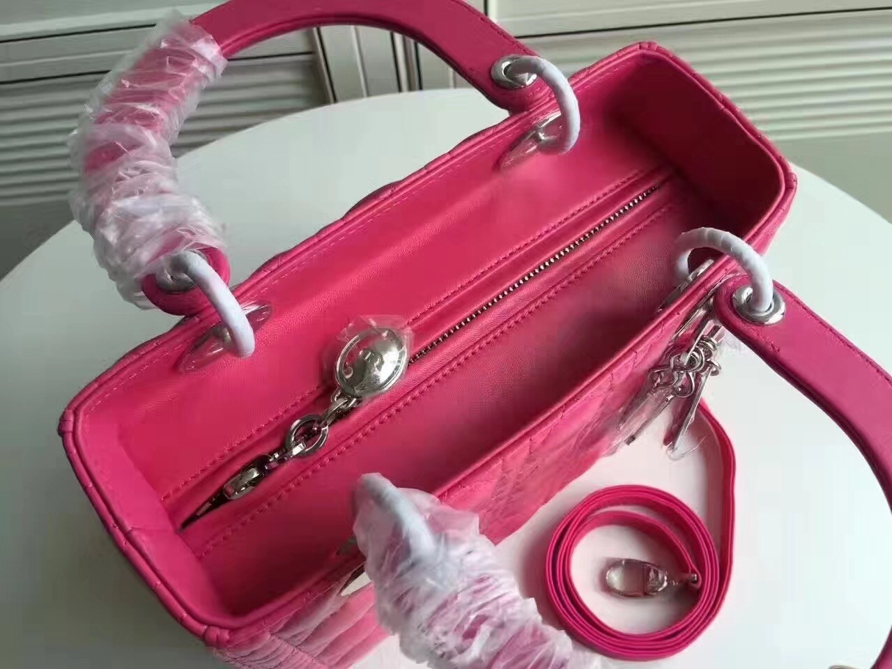 D*or medium lady D*or bag in rose red lambskin
