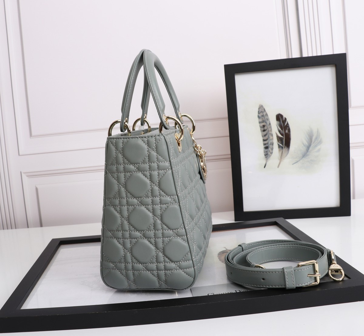 D*or medium lady D*or bag with enamel charm in grey lambskin