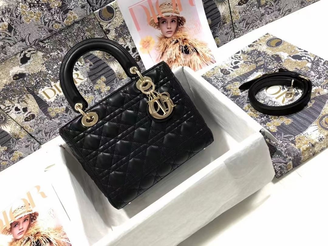 D*or medium lady D*or bag in black cannage lambskin