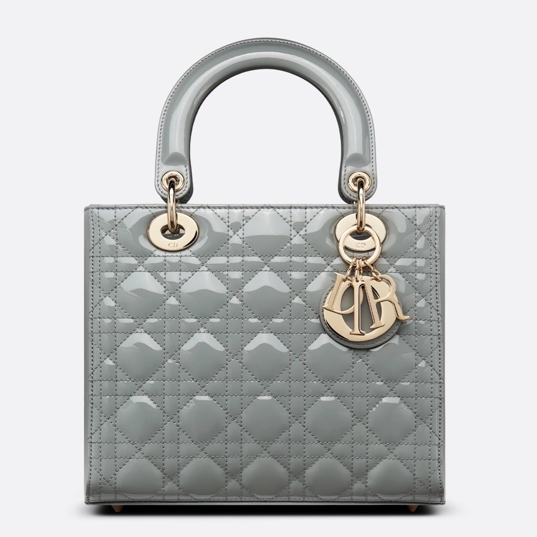 D*or medium lady D*or bag in grey patent cannage calfskin