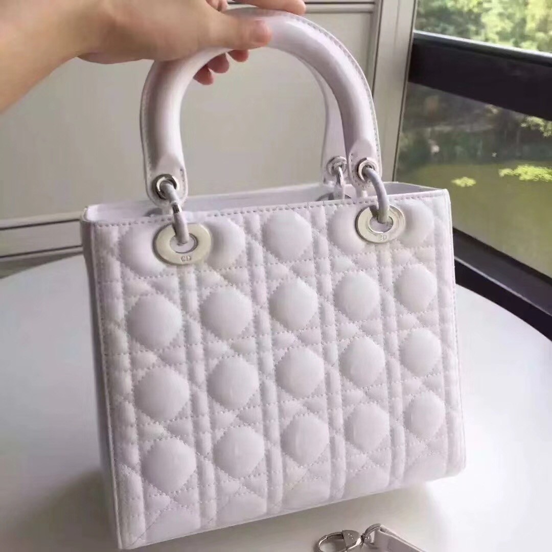 D*or medium lady D*or bag in white patent leather