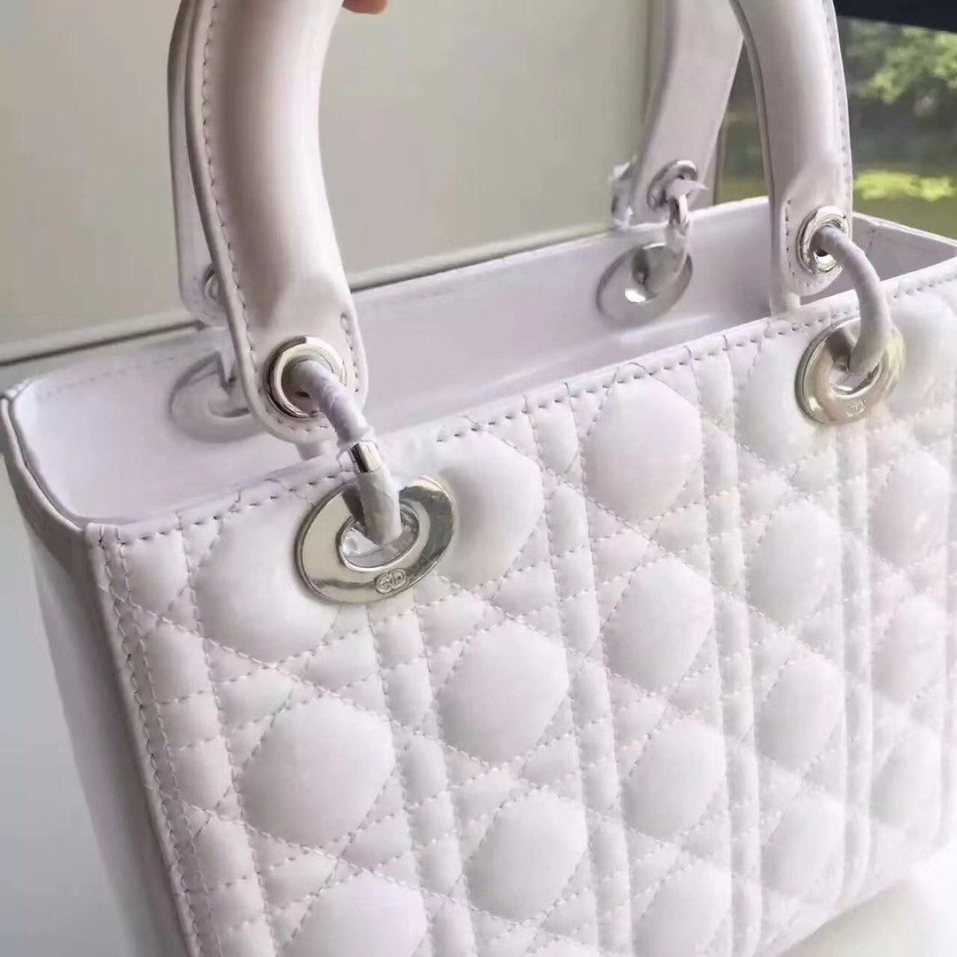 D*or medium lady D*or bag in white patent leather