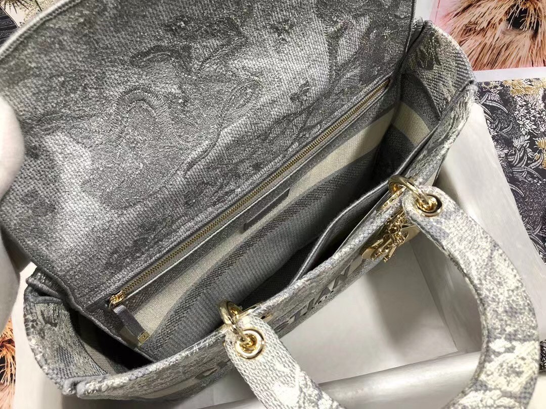 D*or large lady d-lite bag in gray toile de jouy reverse embroidery