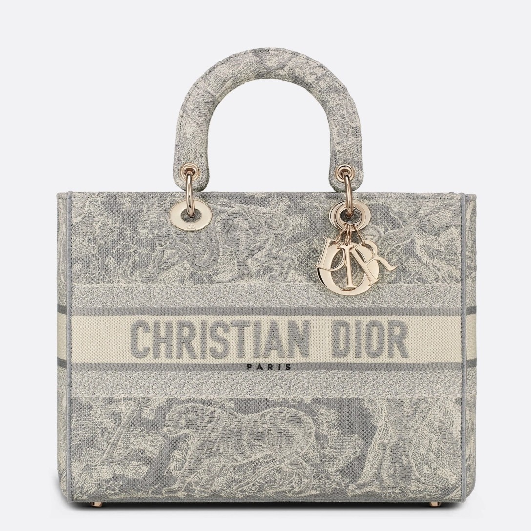 D*or large lady d-lite bag in gray toile de jouy reverse embroidery