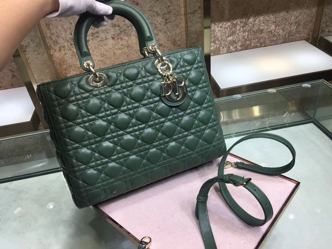 D*or large lady D*or bag in green cannage lambskin