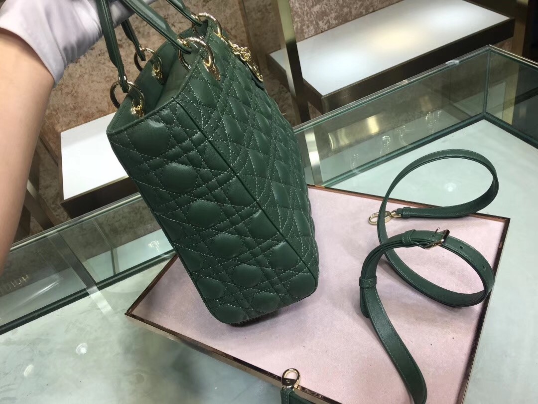 D*or large lady D*or bag in green cannage lambskin
