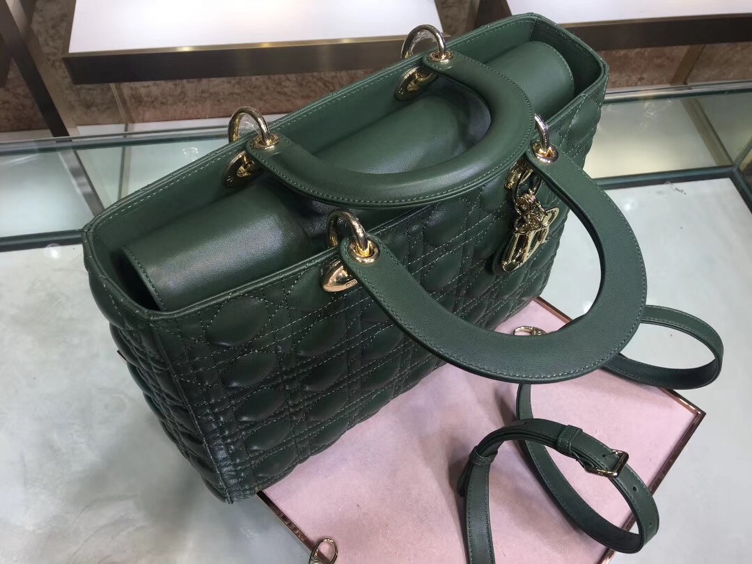 D*or large lady D*or bag in green cannage lambskin