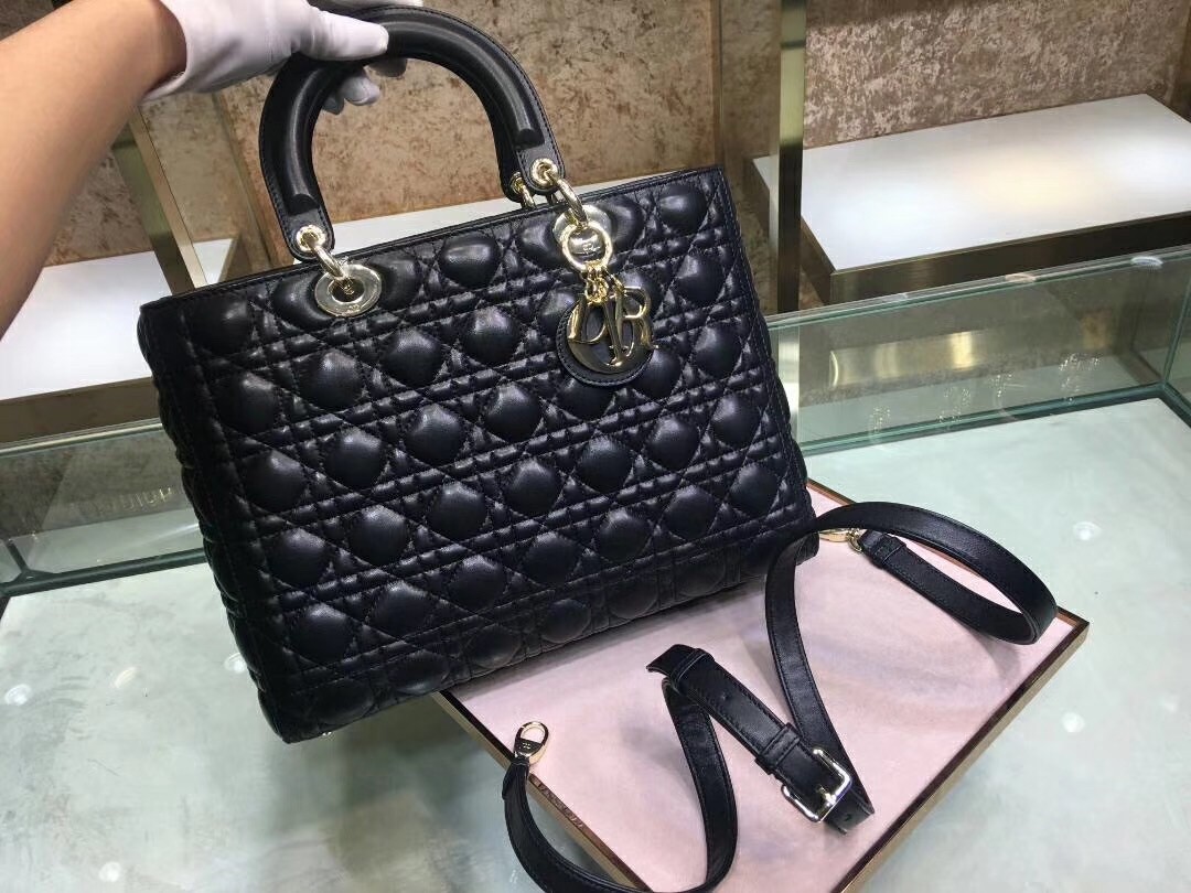 D*or large lady D*or bag in black cannage lambskin
