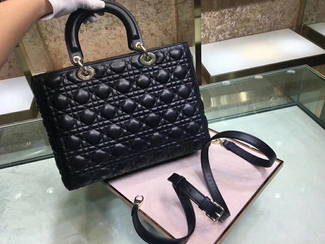D*or large lady D*or bag in black cannage lambskin