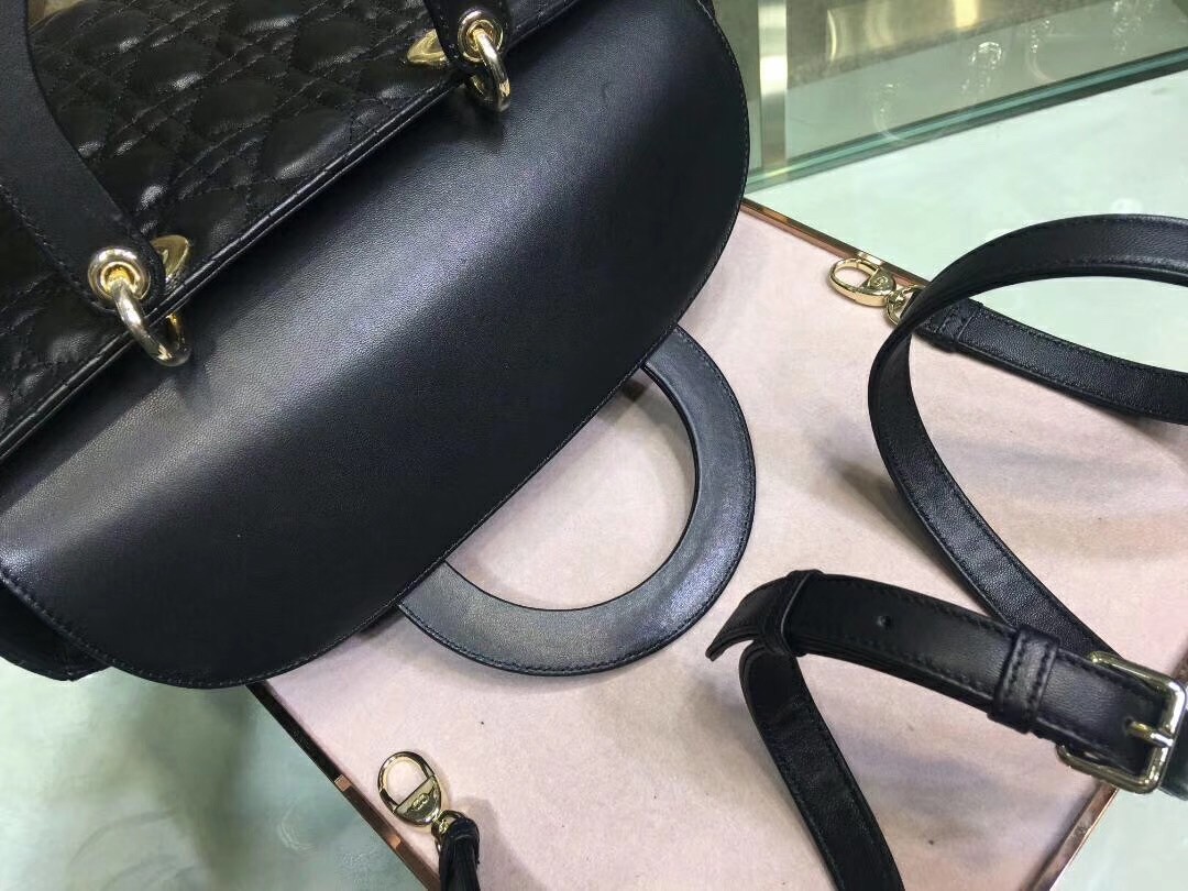 D*or large lady D*or bag in black cannage lambskin