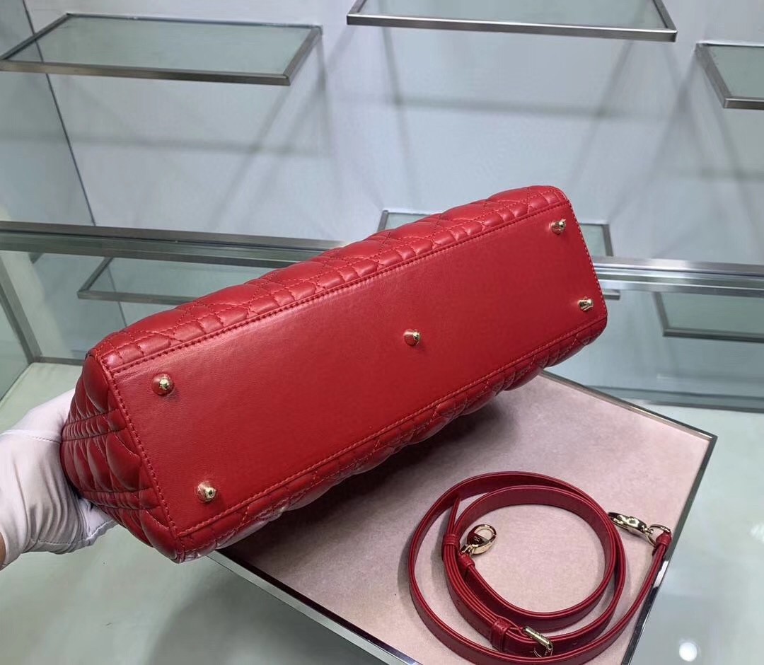 D*or large lady D*or bag in red cannage lambskin