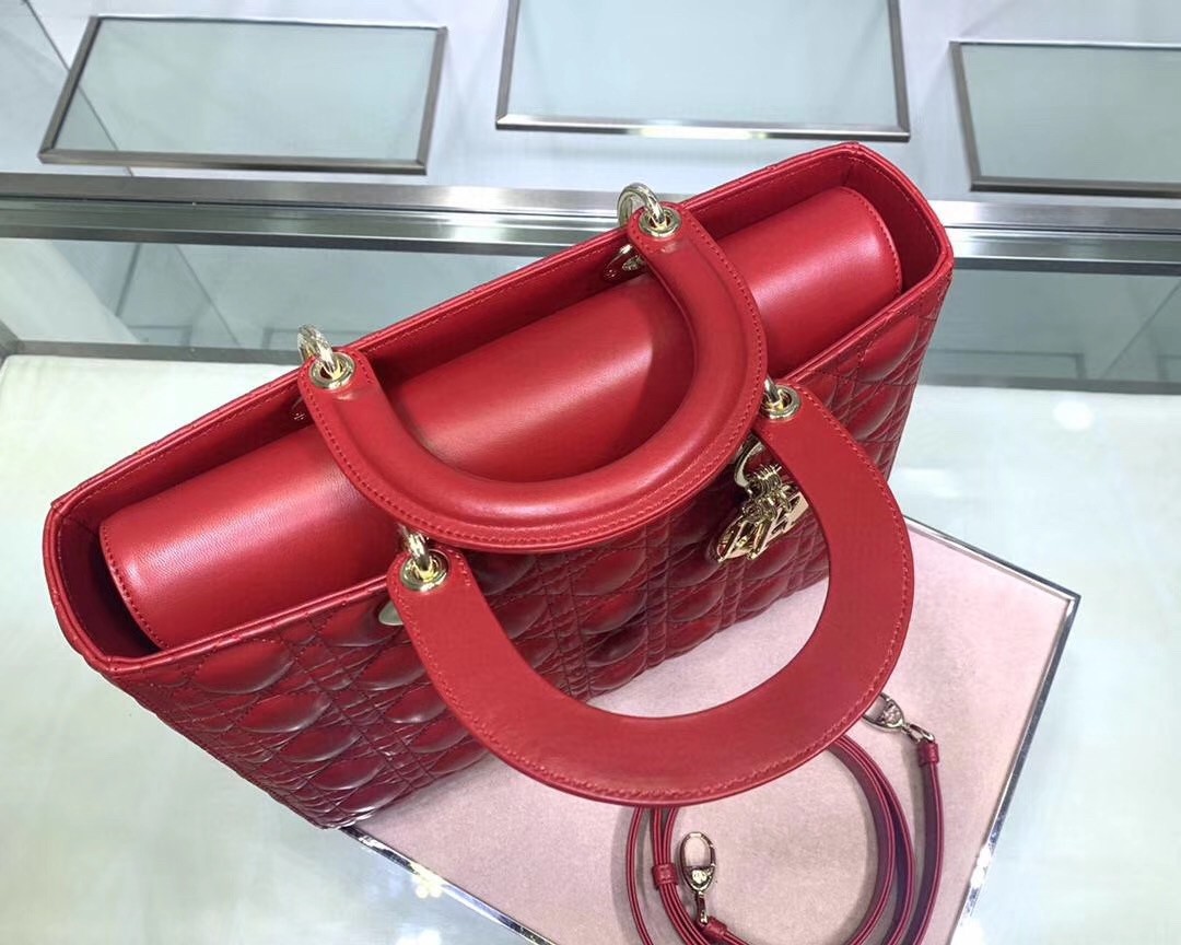 D*or large lady D*or bag in red cannage lambskin