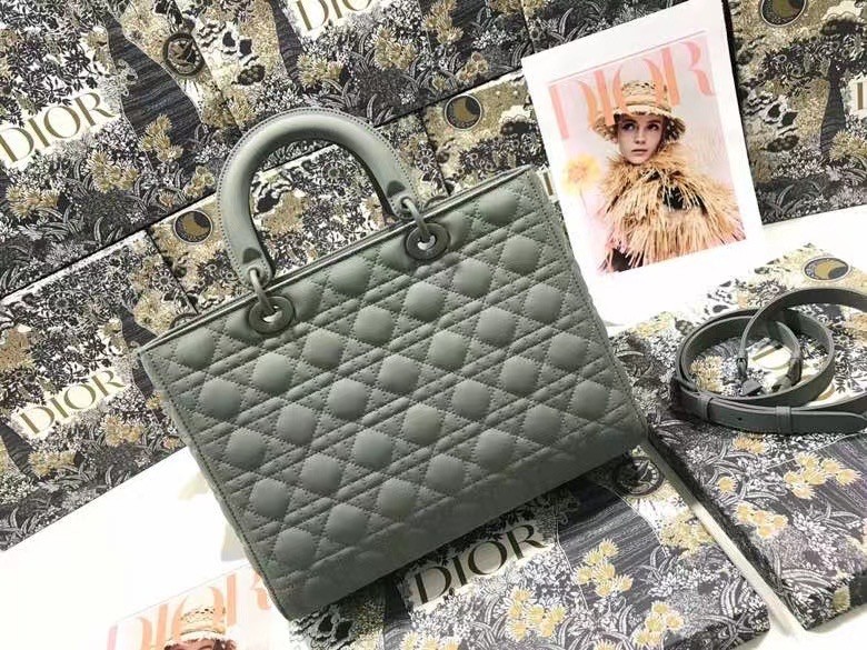 D*or large lady D*or bag in grey ultramatte calfskin