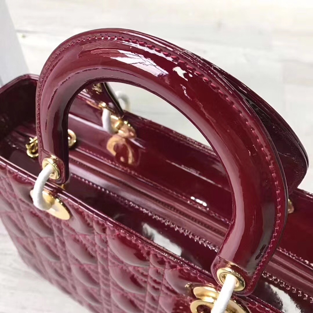 D*or large lady D*or bag in bordeaux patent leather
