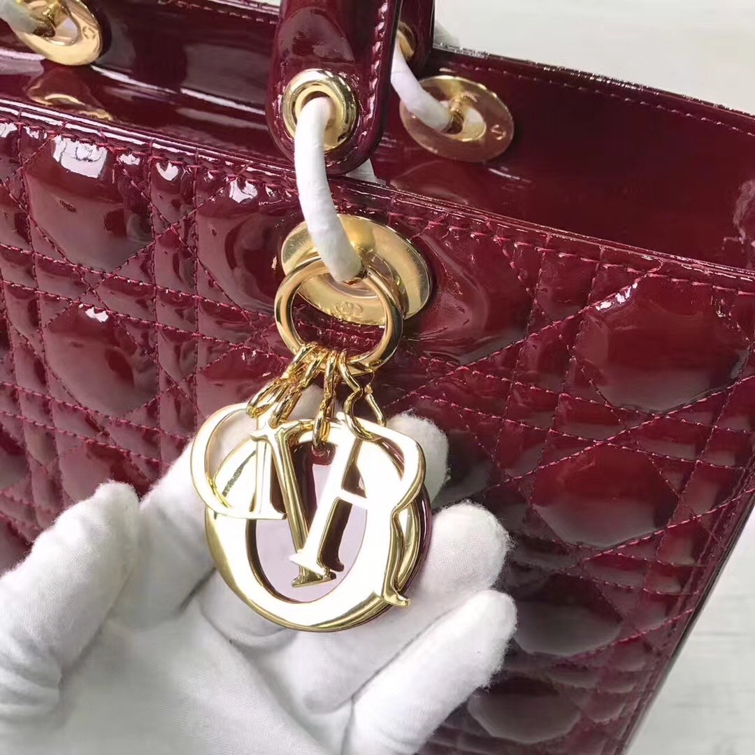 D*or large lady D*or bag in bordeaux patent leather
