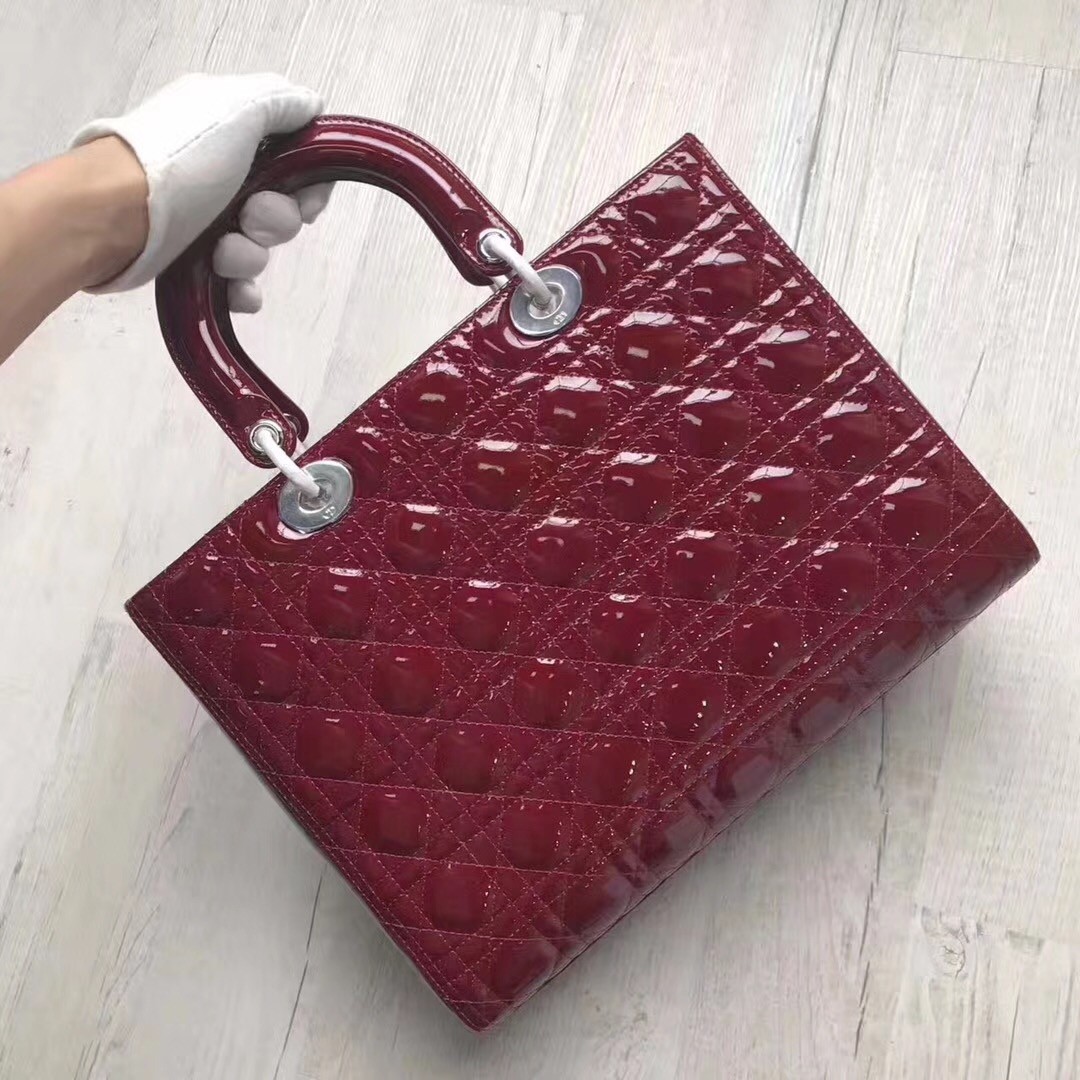 D*or large lady D*or bag in bordeaux patent leather