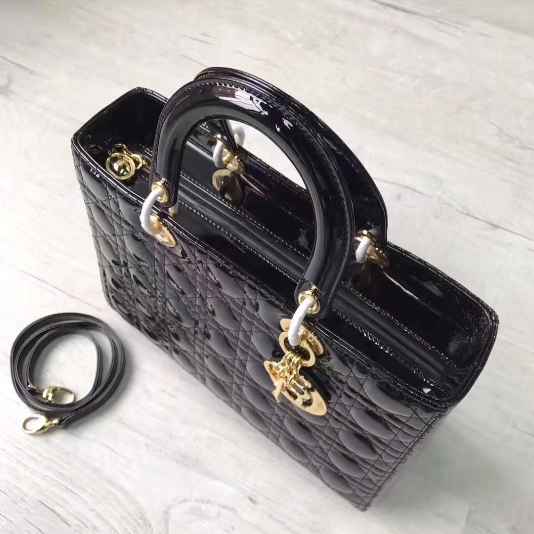 D*or large lady D*or bag in black patent leather