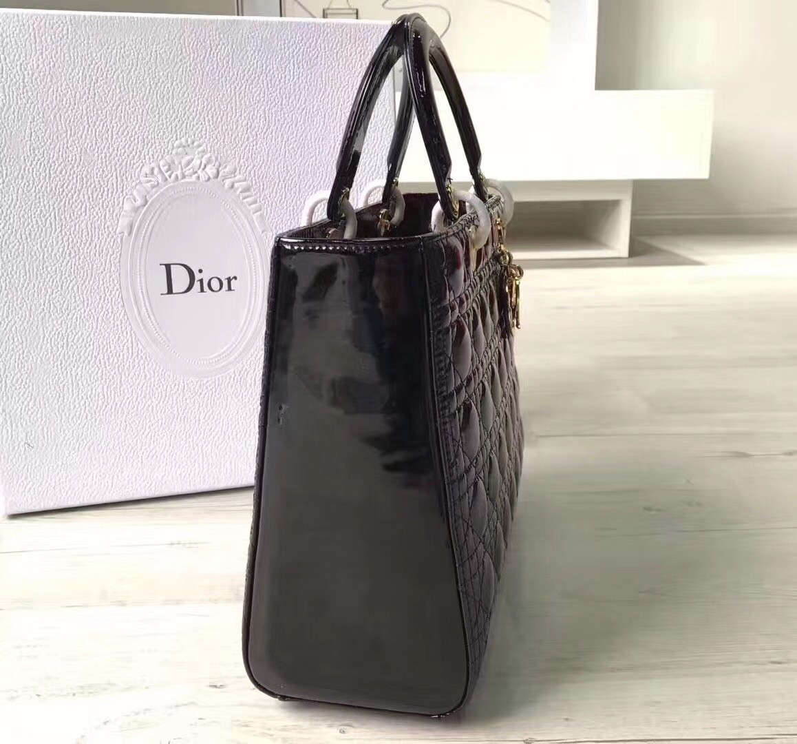 D*or large lady D*or bag in black patent leather