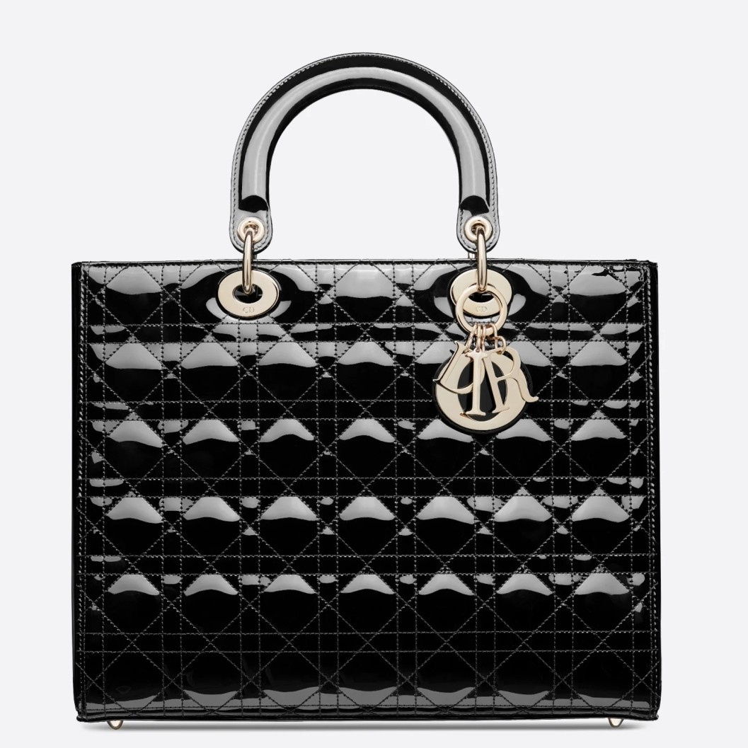 D*or large lady D*or bag in black patent cannage calfskin