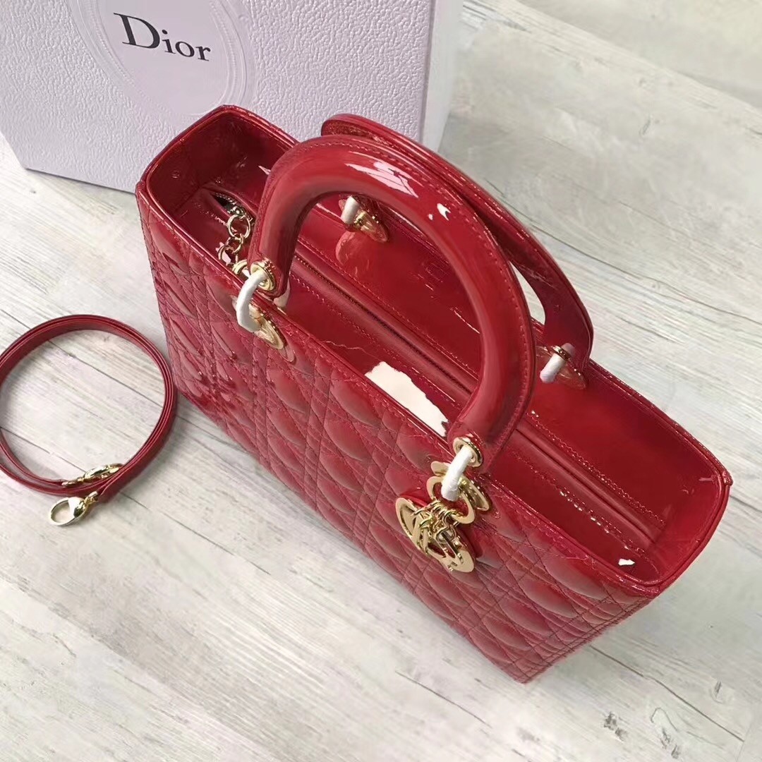 D*or large lady D*or bag in red patent leather