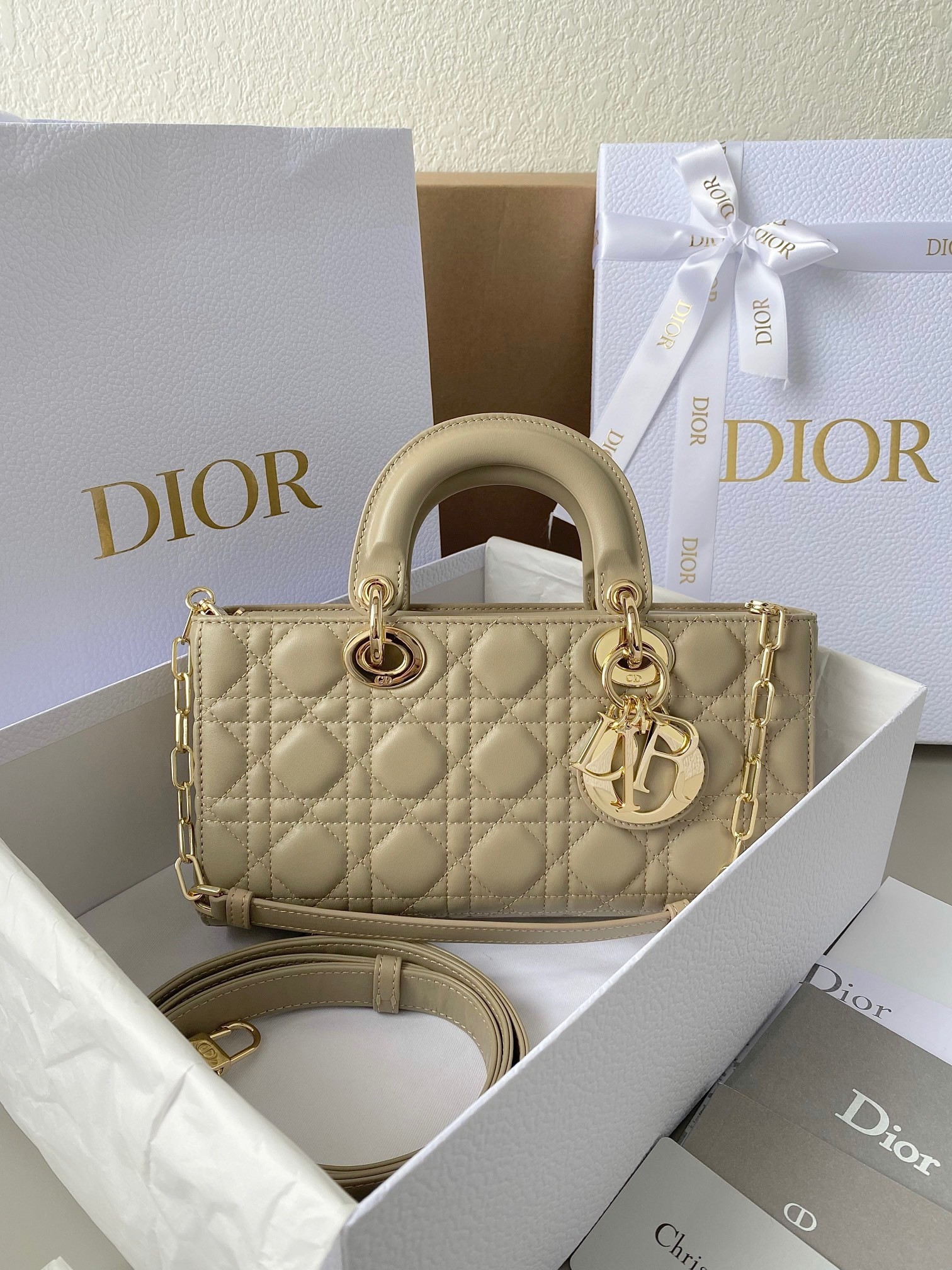 D*or lady d-joy medium bag in sand cannage lambskin