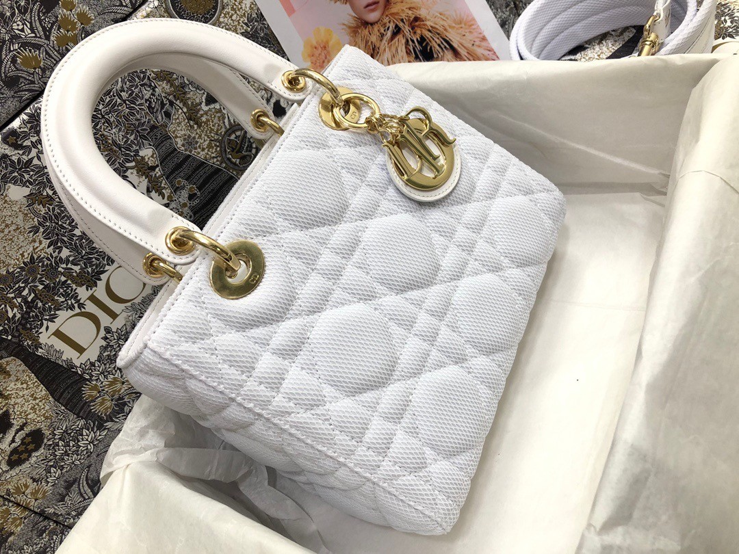 D*or medium lady d-lite bag in white macrocannage technical fabric