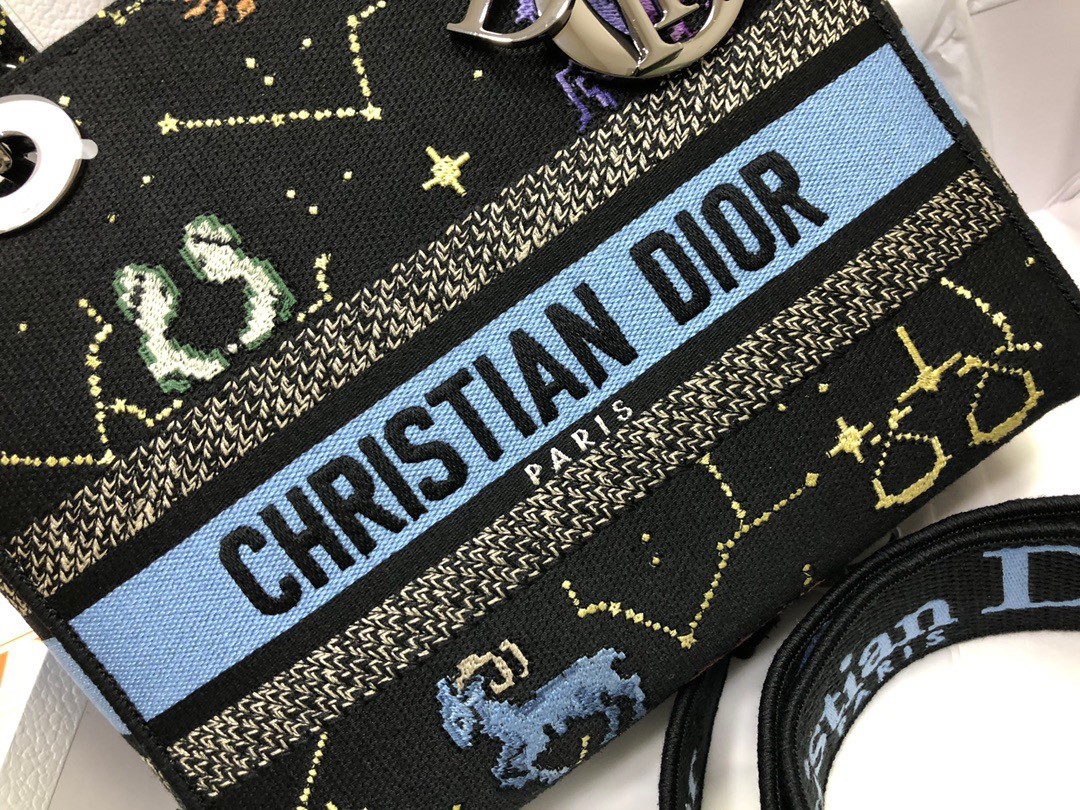 D*or medium lady d-lite bag in black pixel zodiac embroidery