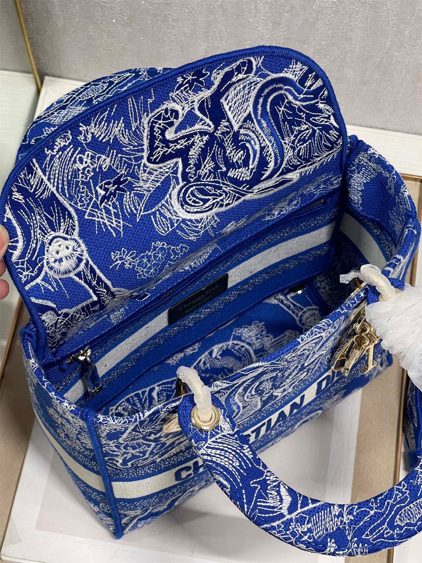 D*or medium lady d-lite bag in fluorescent blue toile de jouy reverse embroidery