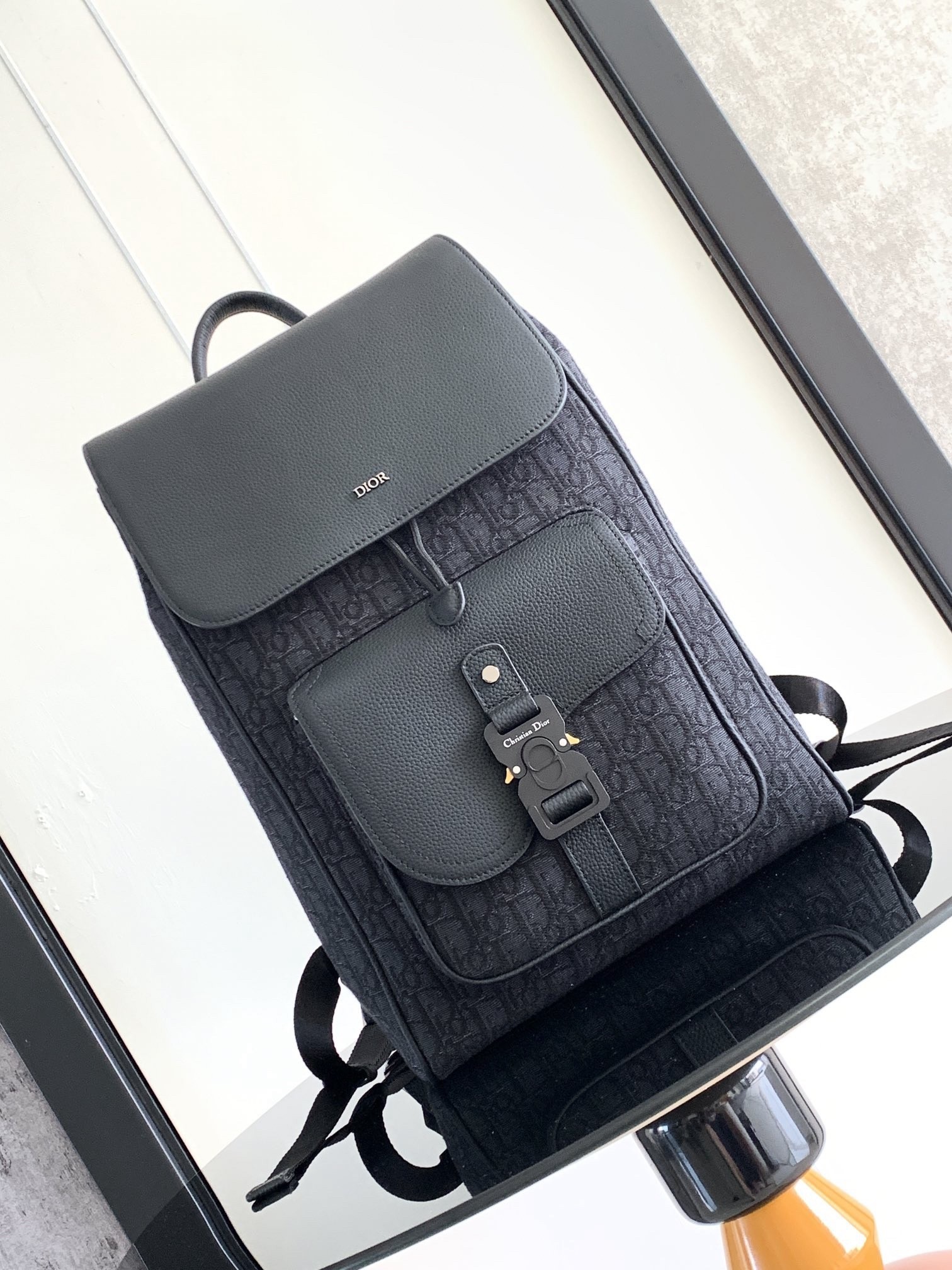 D*or saddle backpack with flap in black oblique jacquard
