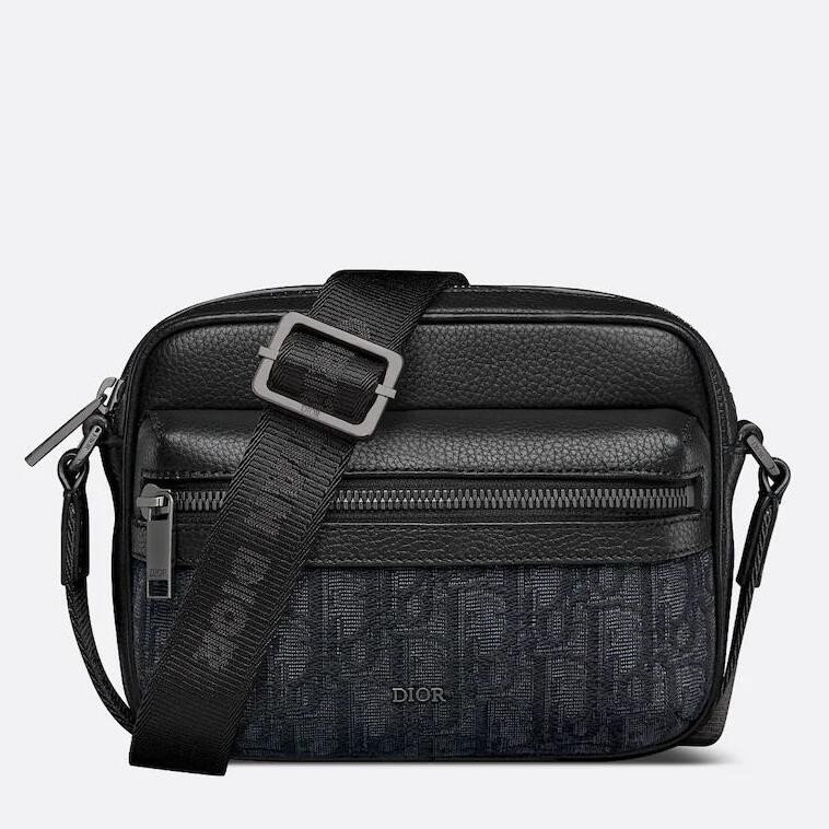 D*or mini rider 2.0 zipped messenger bag in black oblique with black leather