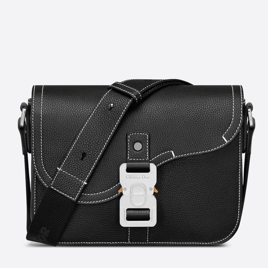 D*or men''s mini saddle messenger bag in black grained calfskin