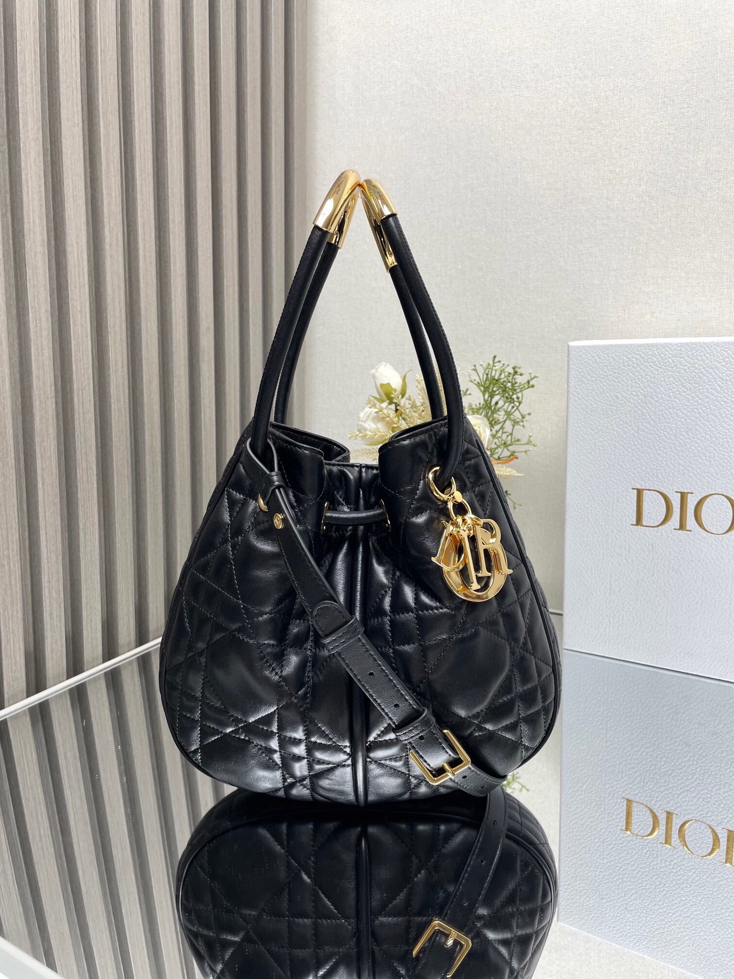 D*or nolita medium bag in black macrocannage lambskin